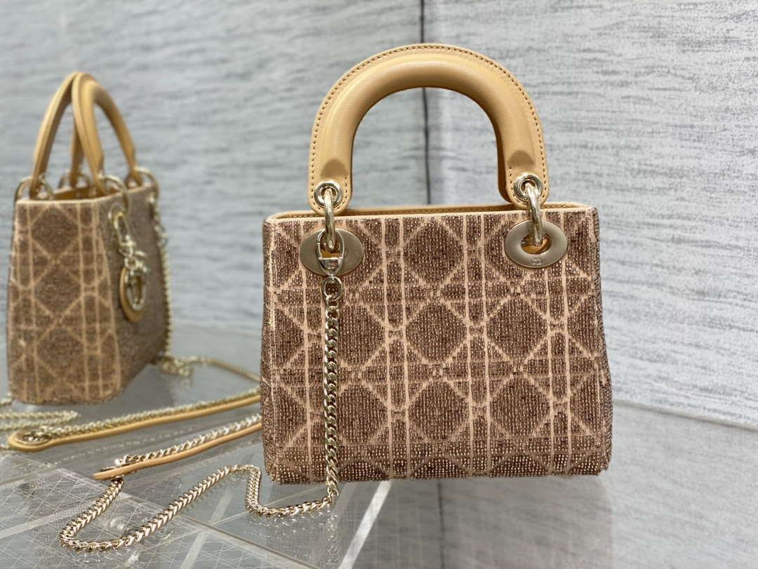 Dior M0505 Mini Lady Bag Metallic Cannage Lambskin Limited Edition Heavy Industry Beads Apricot