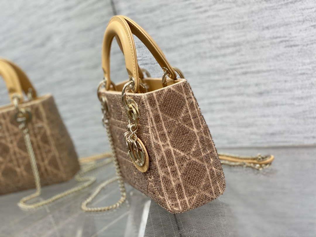 Dior M0505 Mini Lady Bag Metallic Cannage Lambskin Limited Edition Heavy Industry Beads Apricot