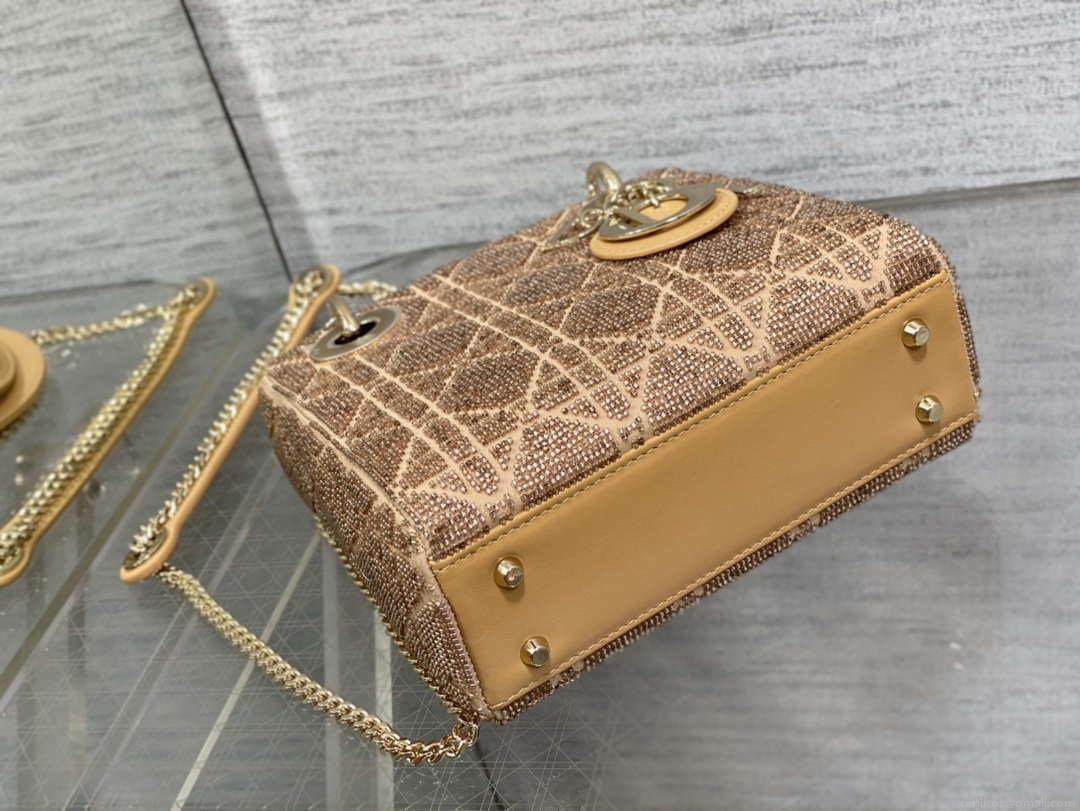 Dior M0505 Mini Lady Bag Metallic Cannage Lambskin Limited Edition Heavy Industry Beads Apricot