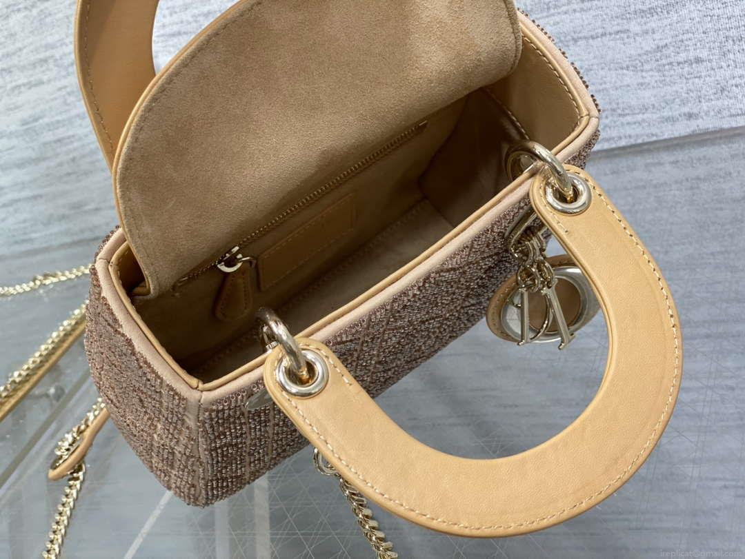 Dior M0505 Mini Lady Bag Metallic Cannage Lambskin Limited Edition Heavy Industry Beads Apricot