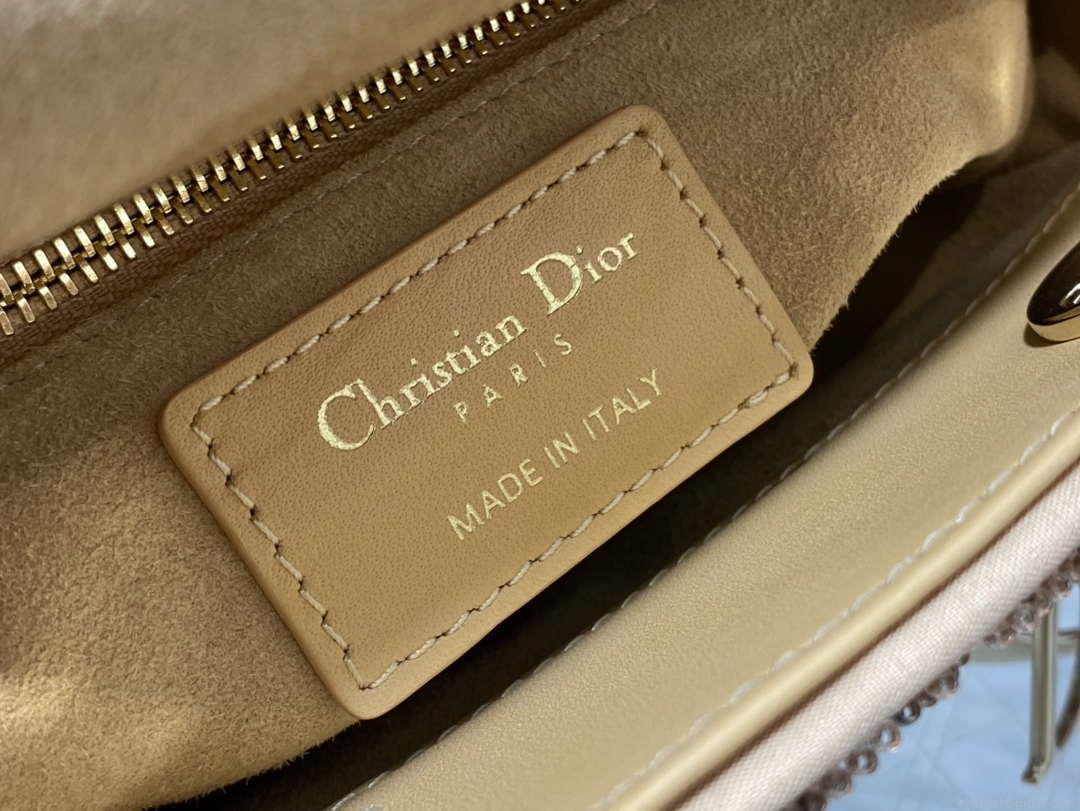 Dior M0505 Mini Lady Bag Metallic Cannage Lambskin Limited Edition Heavy Industry Beads Apricot