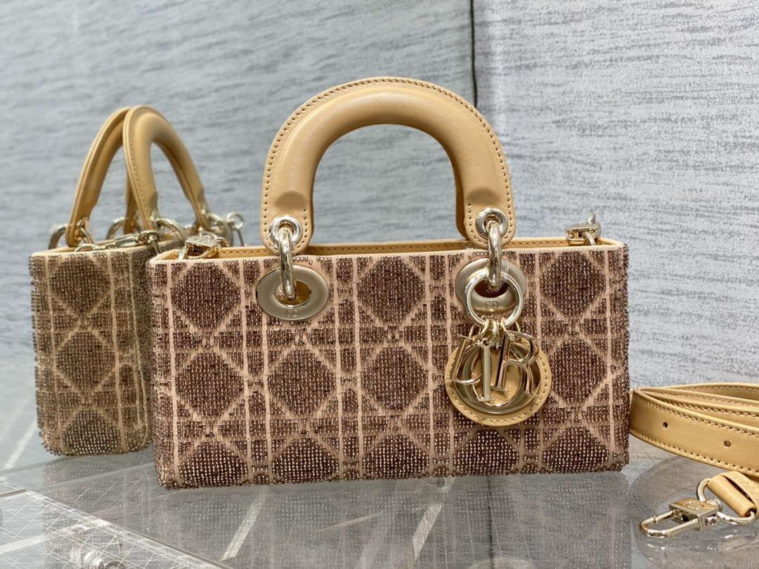 Dior M0613 Small Lady D-joy Bag Cannage Lambskin Limited Edition Heavy Industry Beads Apricot