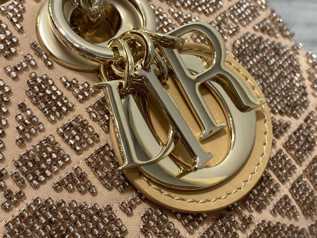 Dior M0613 Small Lady D-joy Bag Cannage Lambskin Limited Edition Heavy Industry Beads Apricot