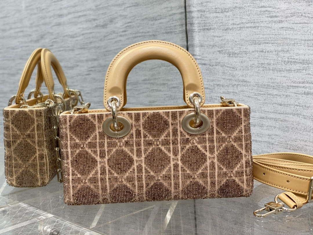 Dior M0613 Small Lady D-joy Bag Cannage Lambskin Limited Edition Heavy Industry Beads Apricot