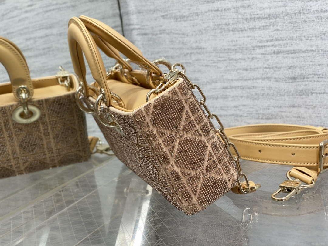 Dior M0613 Small Lady D-joy Bag Cannage Lambskin Limited Edition Heavy Industry Beads Apricot