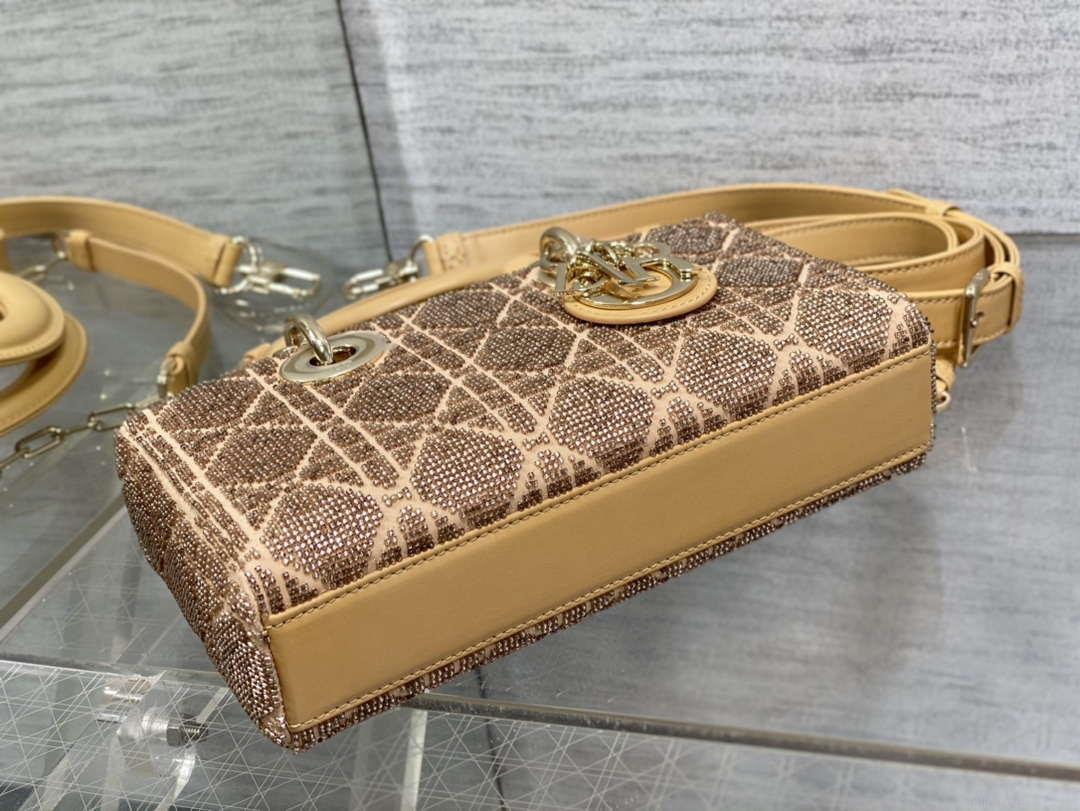 Dior M0613 Small Lady D-joy Bag Cannage Lambskin Limited Edition Heavy Industry Beads Apricot