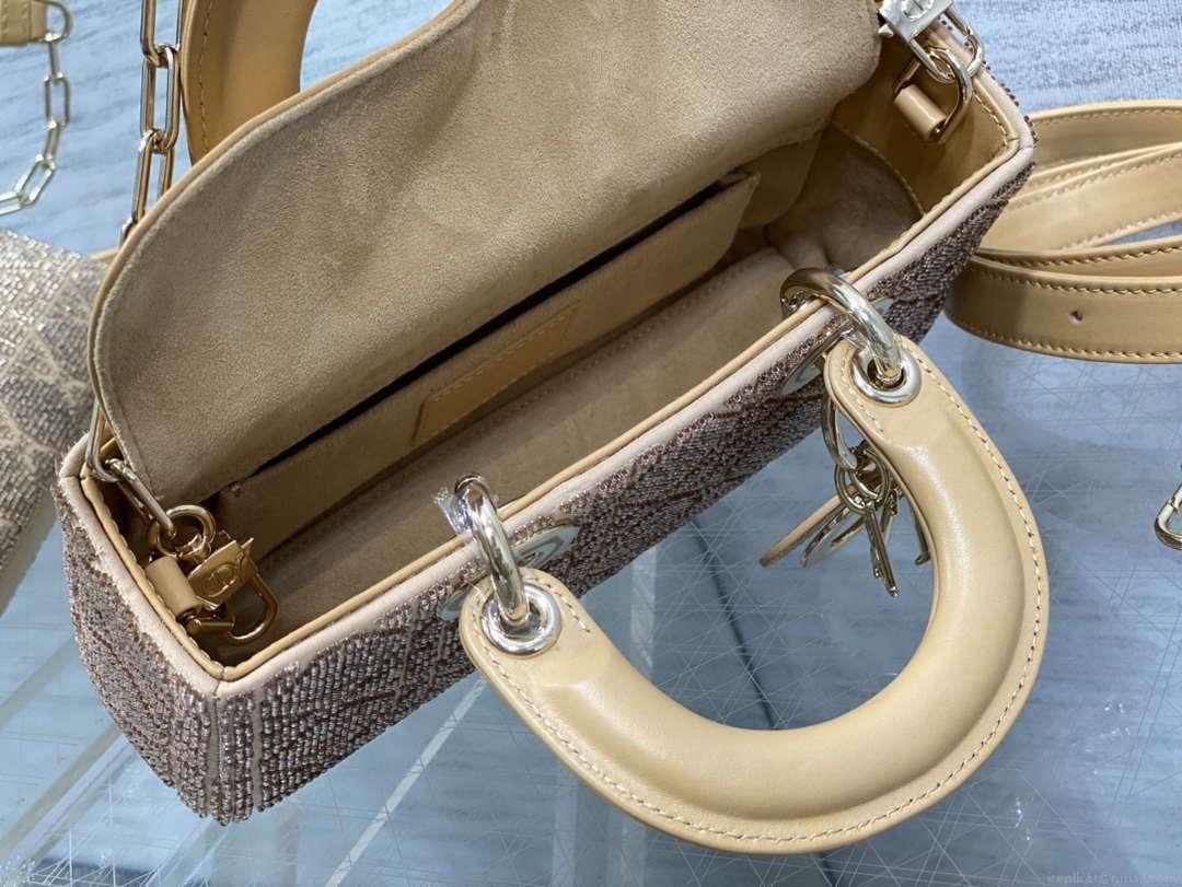 Dior M0613 Small Lady D-joy Bag Cannage Lambskin Limited Edition Heavy Industry Beads Apricot