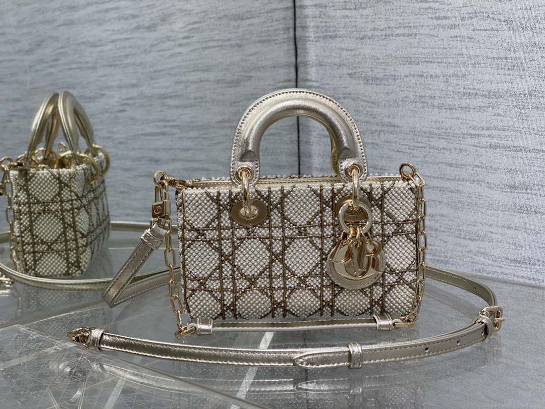 Dior M0613 Small Lady D-joy Bag Gold Cannage Lambskin Limited Edition Pearl