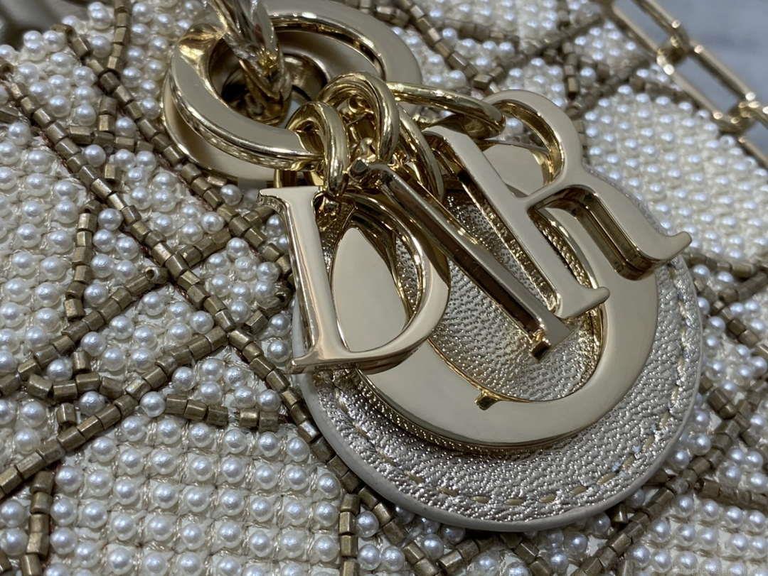 Dior M0613 Small Lady D-joy Bag Gold Cannage Lambskin Limited Edition Pearl