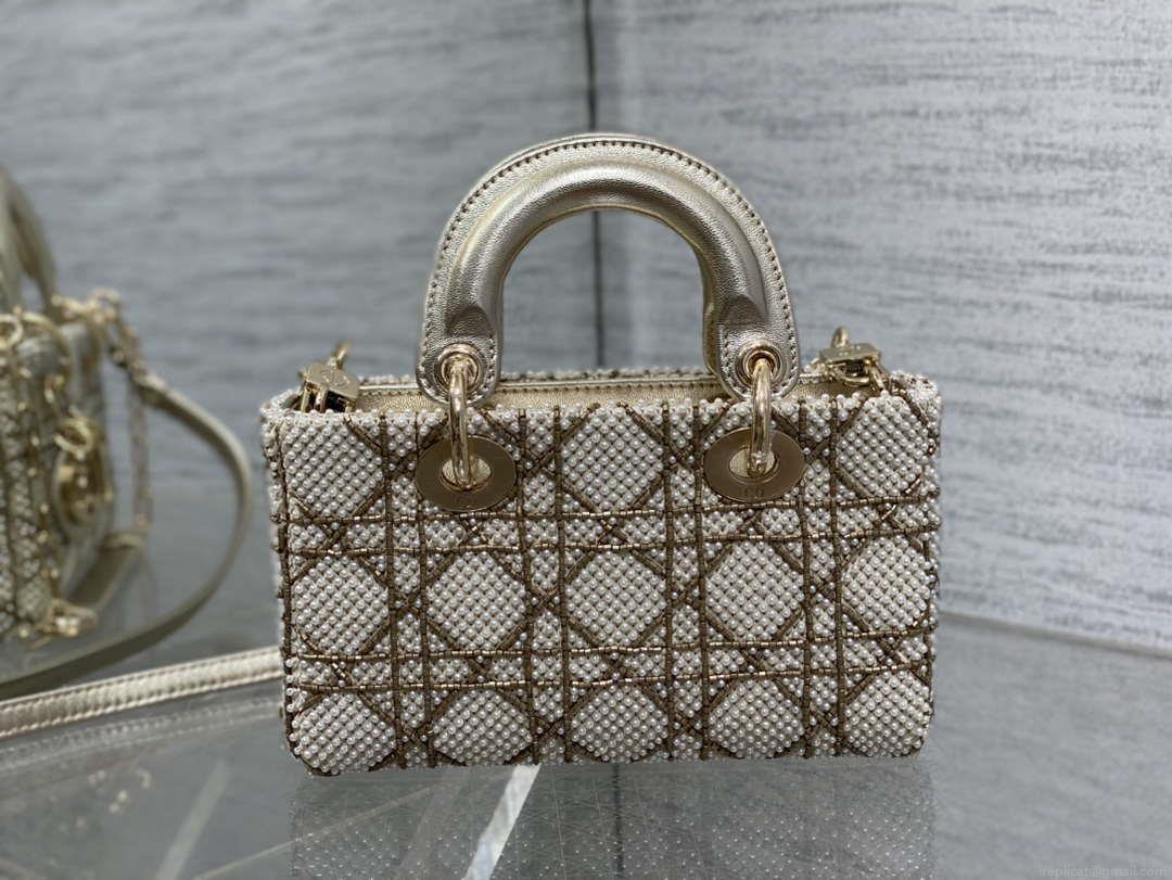 Dior M0613 Small Lady D-joy Bag Gold Cannage Lambskin Limited Edition Pearl