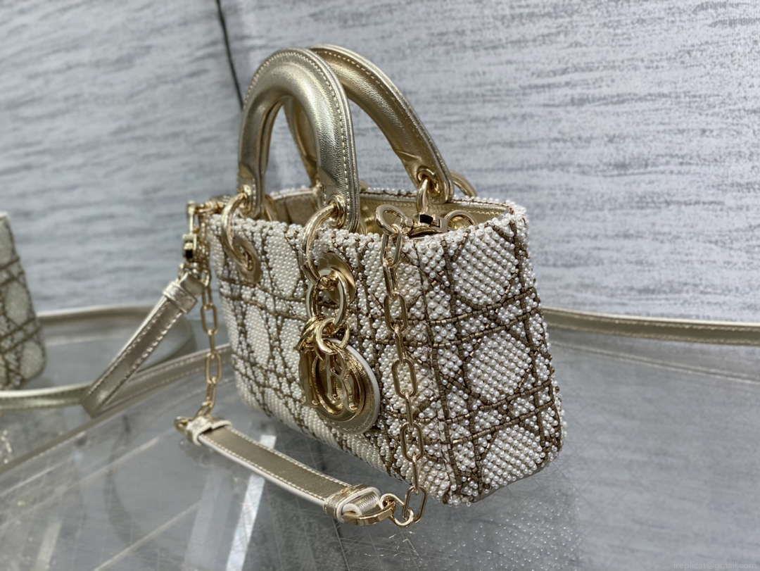 Dior M0613 Small Lady D-joy Bag Gold Cannage Lambskin Limited Edition Pearl