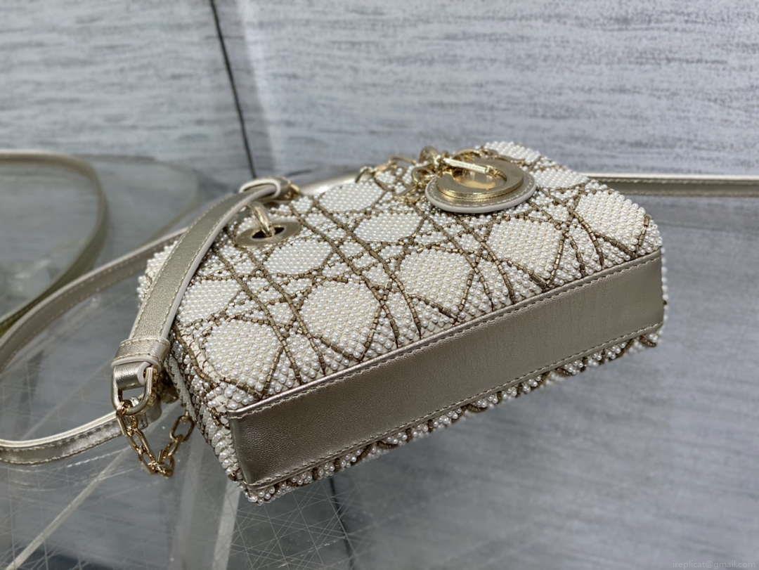 Dior M0613 Small Lady D-joy Bag Gold Cannage Lambskin Limited Edition Pearl