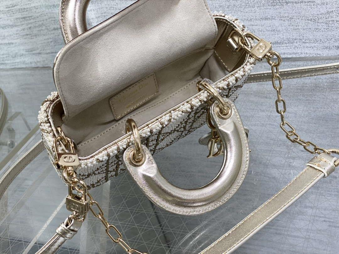 Dior M0613 Small Lady D-joy Bag Gold Cannage Lambskin Limited Edition Pearl