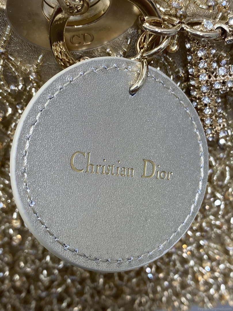 Dior M0565 Medium Lady D-Life Bag Beaded crystal pendant embroidered Gold