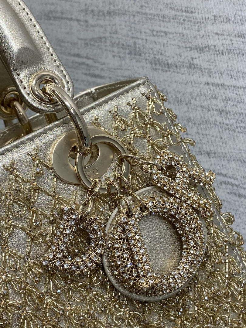 Dior M0565 Medium Lady D-Life Bag Beaded crystal pendant embroidered Gold