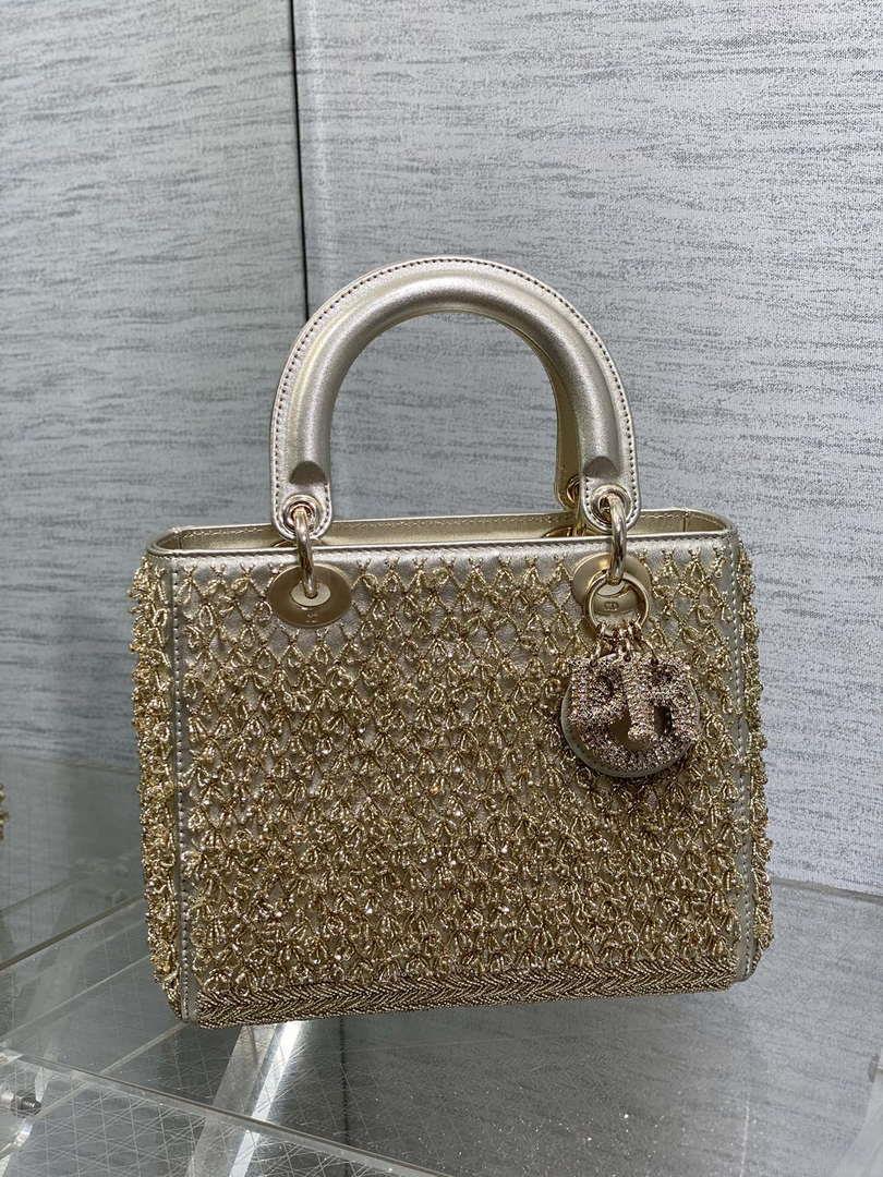 Dior M0565 Medium Lady D-Life Bag Beaded crystal pendant embroidered Gold