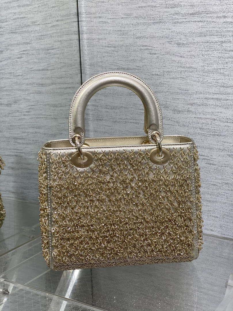 Dior M0565 Medium Lady D-Life Bag Beaded crystal pendant embroidered Gold