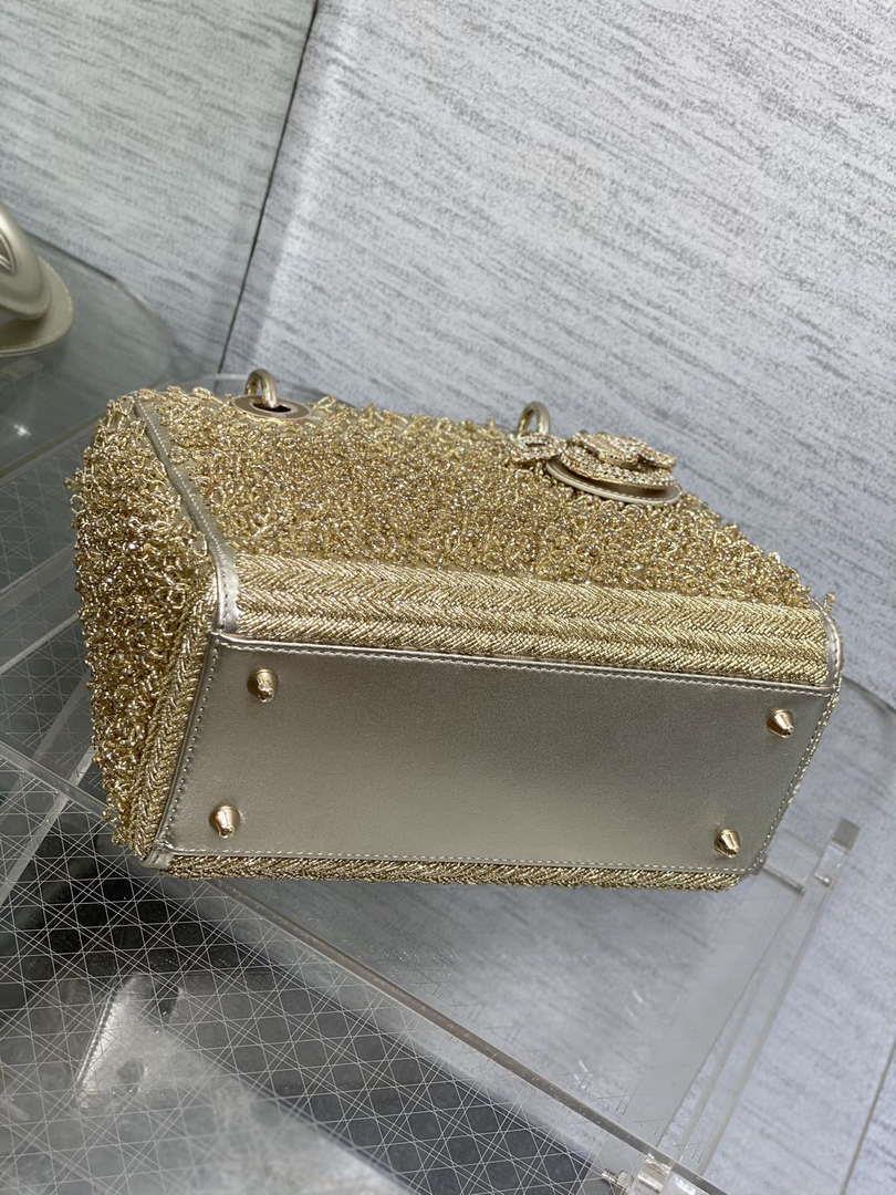 Dior M0565 Medium Lady D-Life Bag Beaded crystal pendant embroidered Gold