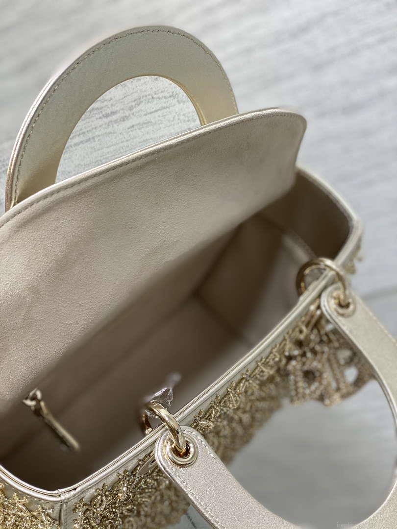 Dior M0565 Medium Lady D-Life Bag Beaded crystal pendant embroidered Gold