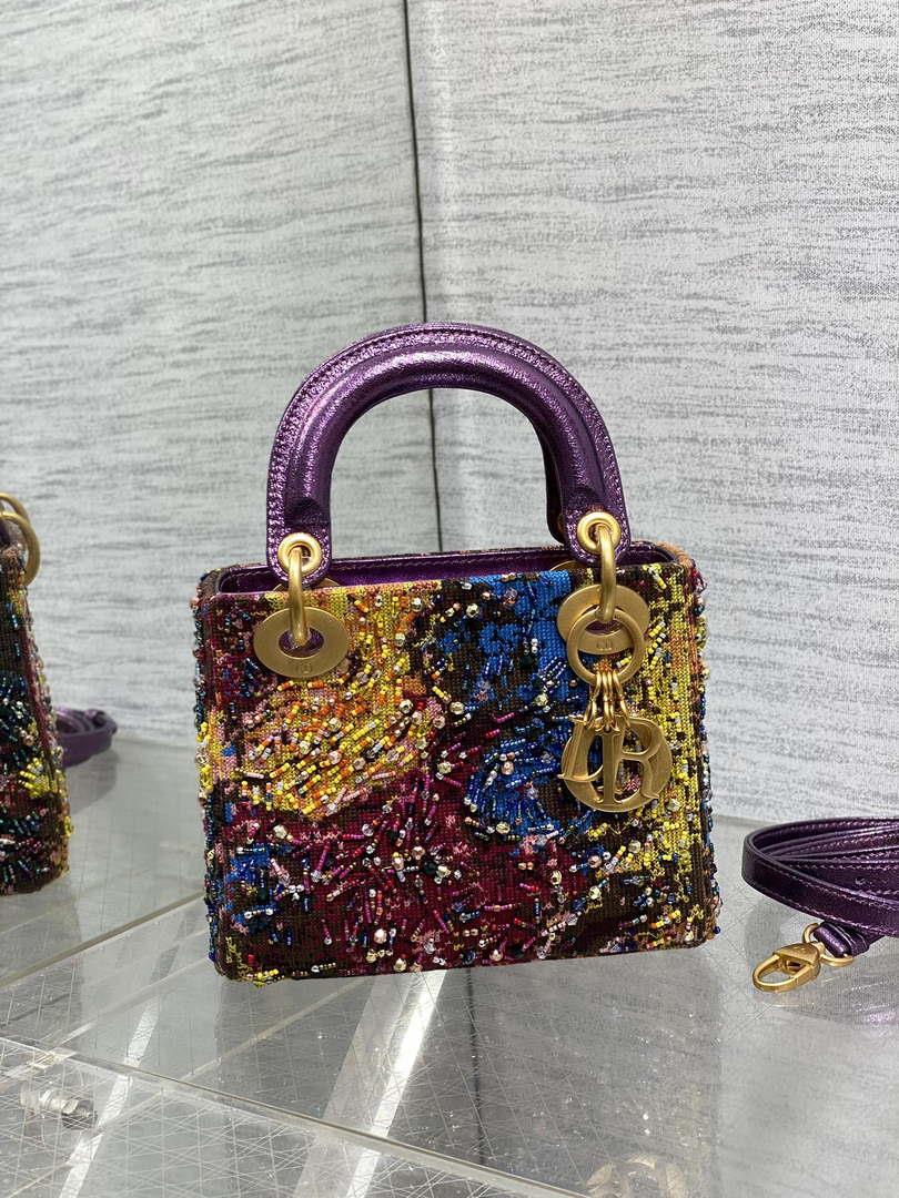Dior M0505 Mini Lady Bag Metallic Cannage Lambskin Limited Edition Heavy Industry Beads Purple