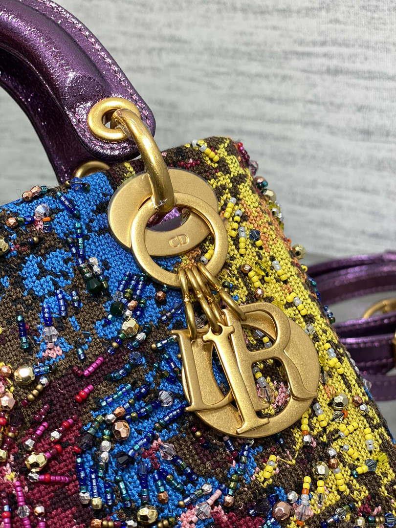 Dior M0505 Mini Lady Bag Metallic Cannage Lambskin Limited Edition Heavy Industry Beads Purple