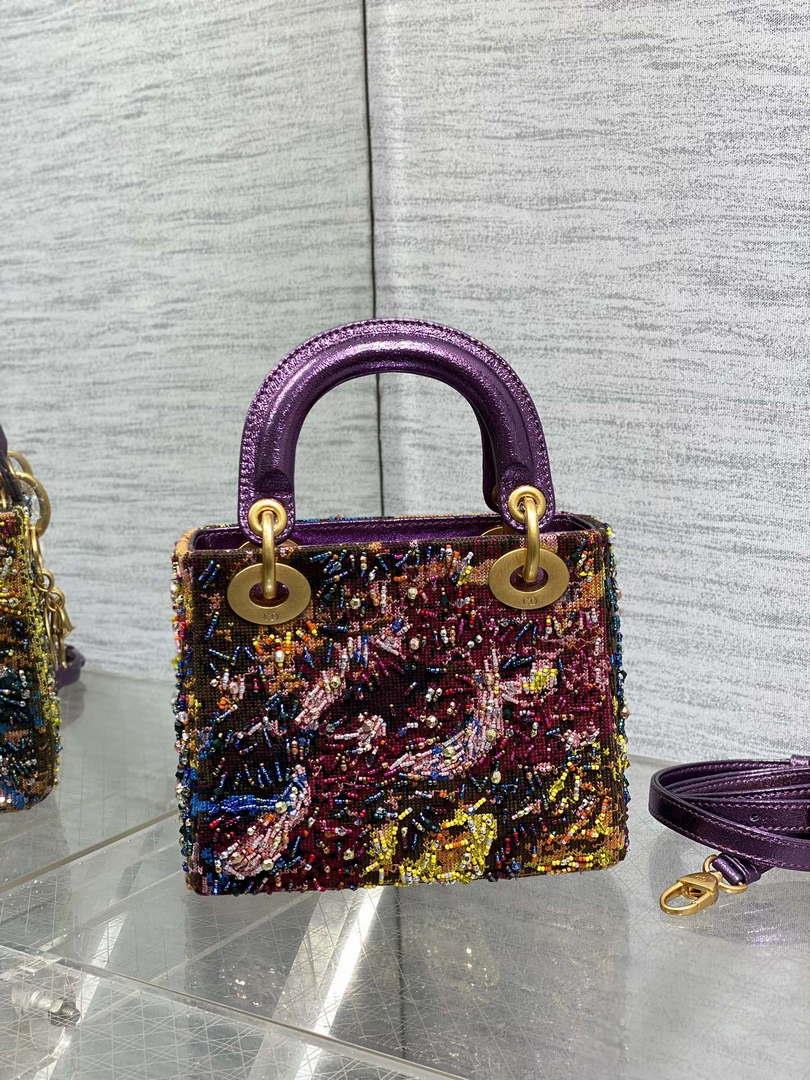 Dior M0505 Mini Lady Bag Metallic Cannage Lambskin Limited Edition Heavy Industry Beads Purple