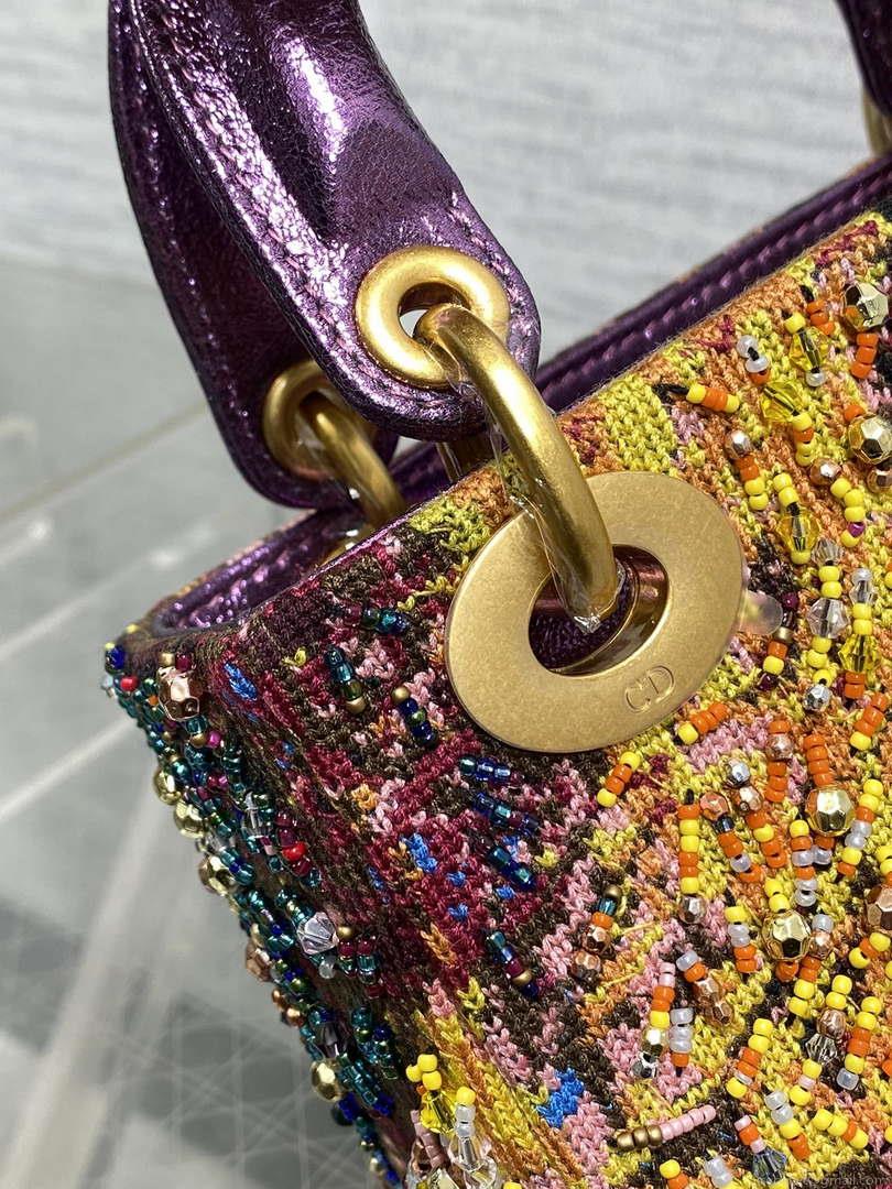 Dior M0505 Mini Lady Bag Metallic Cannage Lambskin Limited Edition Heavy Industry Beads Purple