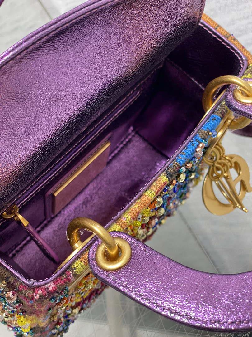 Dior M0505 Mini Lady Bag Metallic Cannage Lambskin Limited Edition Heavy Industry Beads Purple
