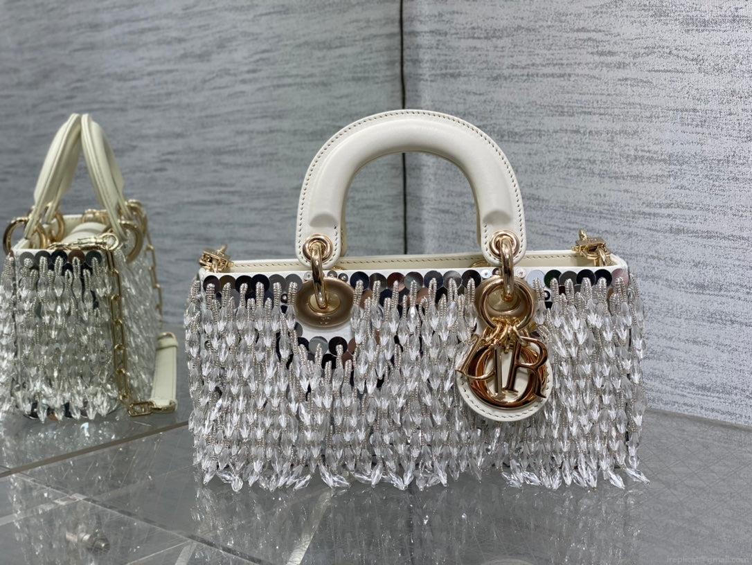 Dior M0613 Small Lady D-joy Bag Cannage Lambskin Limited Edition D-Joy Bag Black Fabric Embroidered with Glass-Bead Fringe White
