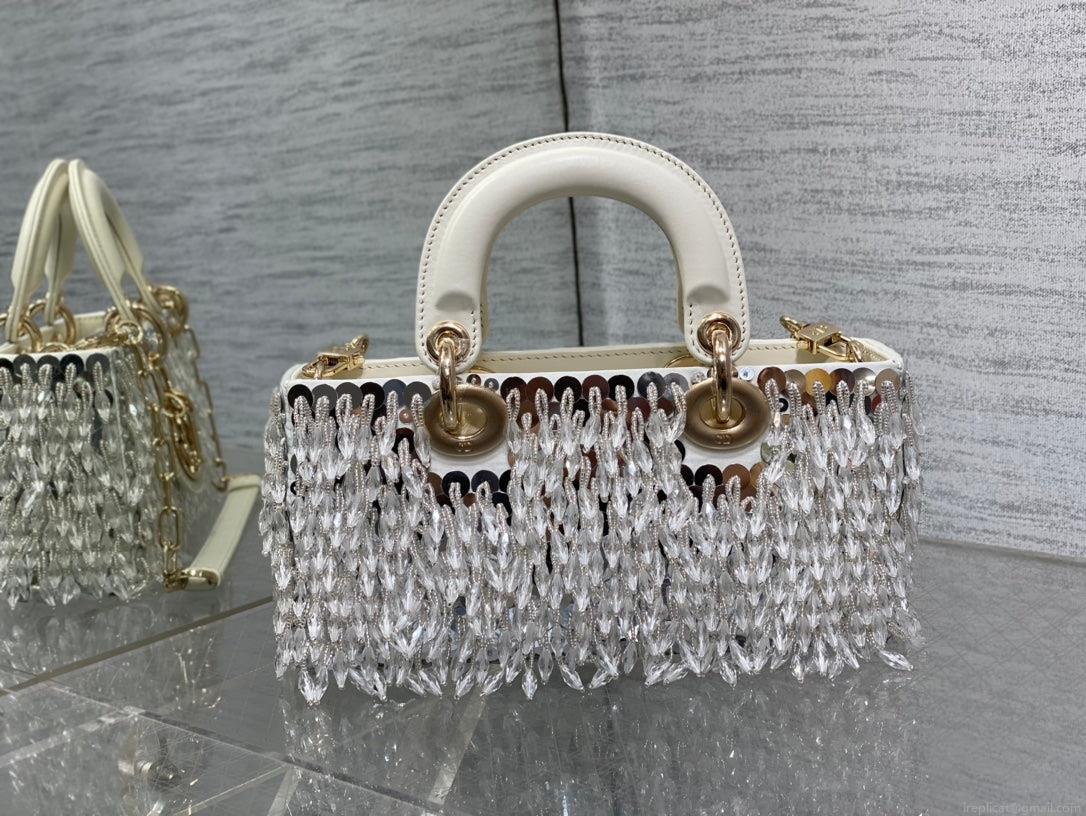 Dior M0613 Small Lady D-joy Bag Cannage Lambskin Limited Edition D-Joy Bag Black Fabric Embroidered with Glass-Bead Fringe White