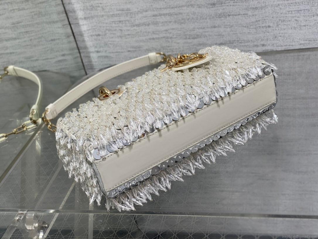 Dior M0613 Small Lady D-joy Bag Cannage Lambskin Limited Edition D-Joy Bag Black Fabric Embroidered with Glass-Bead Fringe White