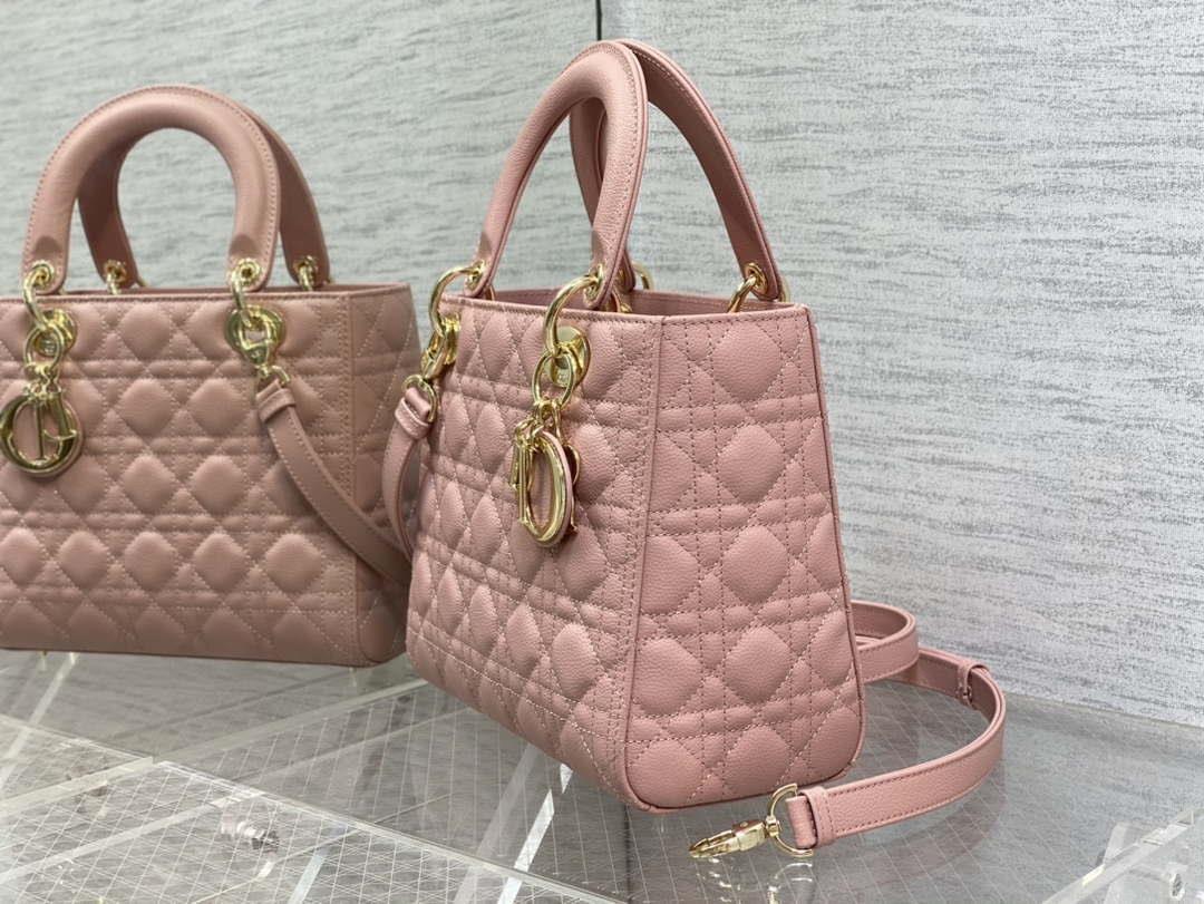 Dior M0565 Medium Lady Dior Bag Pink Grained Cannage Calfskin Gold