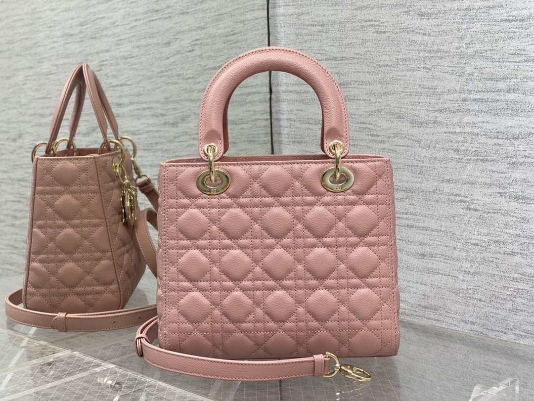 Dior M0565 Medium Lady Dior Bag Pink Grained Cannage Calfskin Gold
