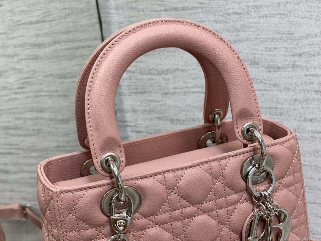 Dior M0565 Medium Lady Dior Bag Pink Grained Cannage Calfskin Silver