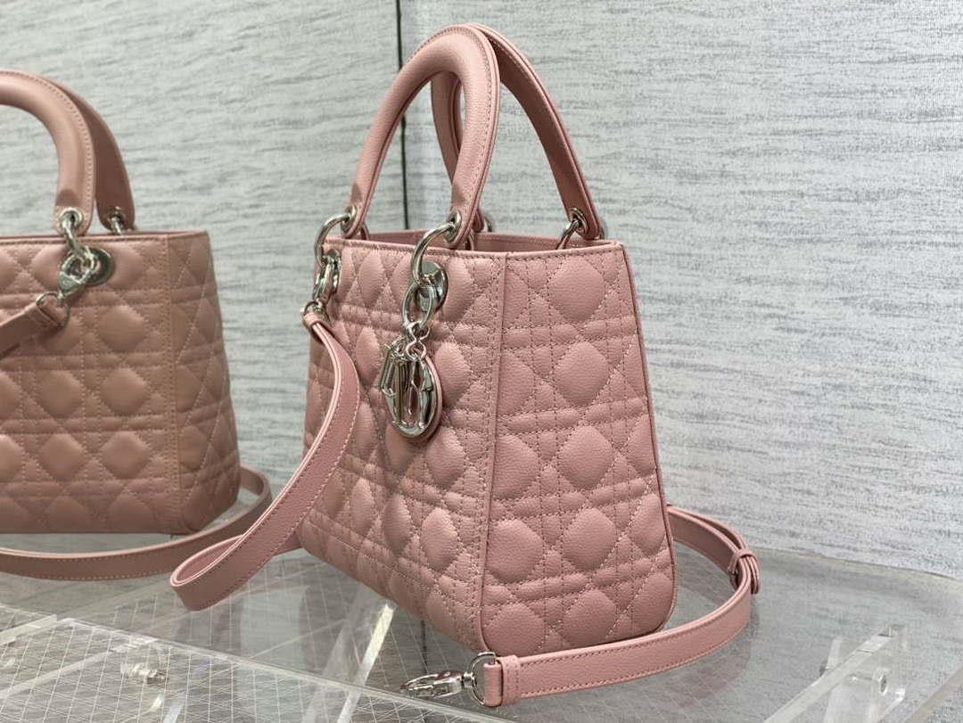Dior M0565 Medium Lady Dior Bag Pink Grained Cannage Calfskin Silver