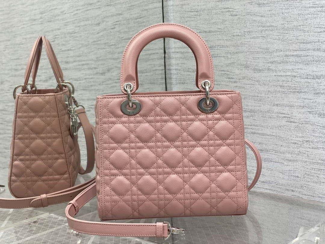 Dior M0565 Medium Lady Dior Bag Pink Grained Cannage Calfskin Silver