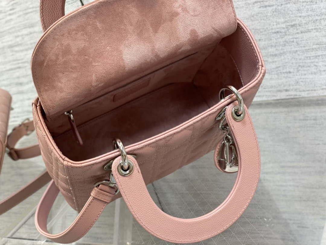 Dior M0565 Medium Lady Dior Bag Pink Grained Cannage Calfskin Silver