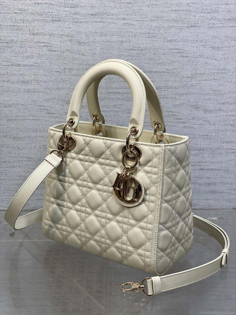 Dior M0565 Medium Lady Dior Bag Beige Grained Cannage Calfskin Gold