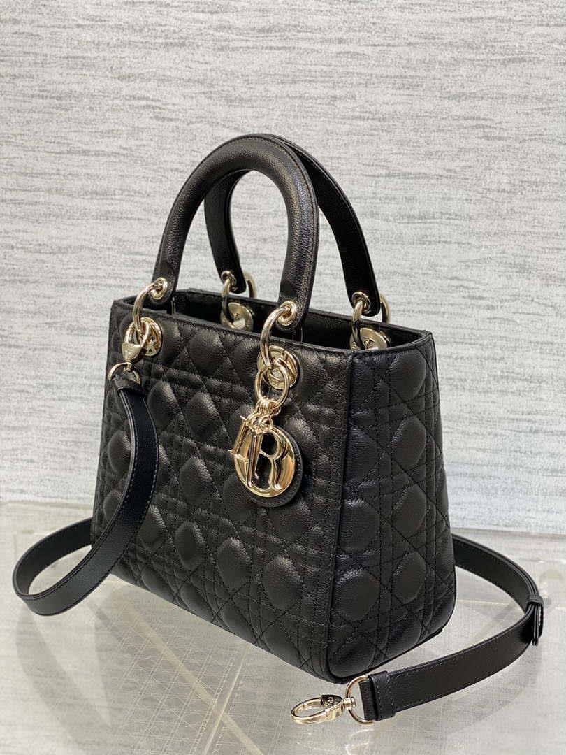 Dior M0565 Medium Lady Dior Bag Black Grained Cannage Calfskin Gold