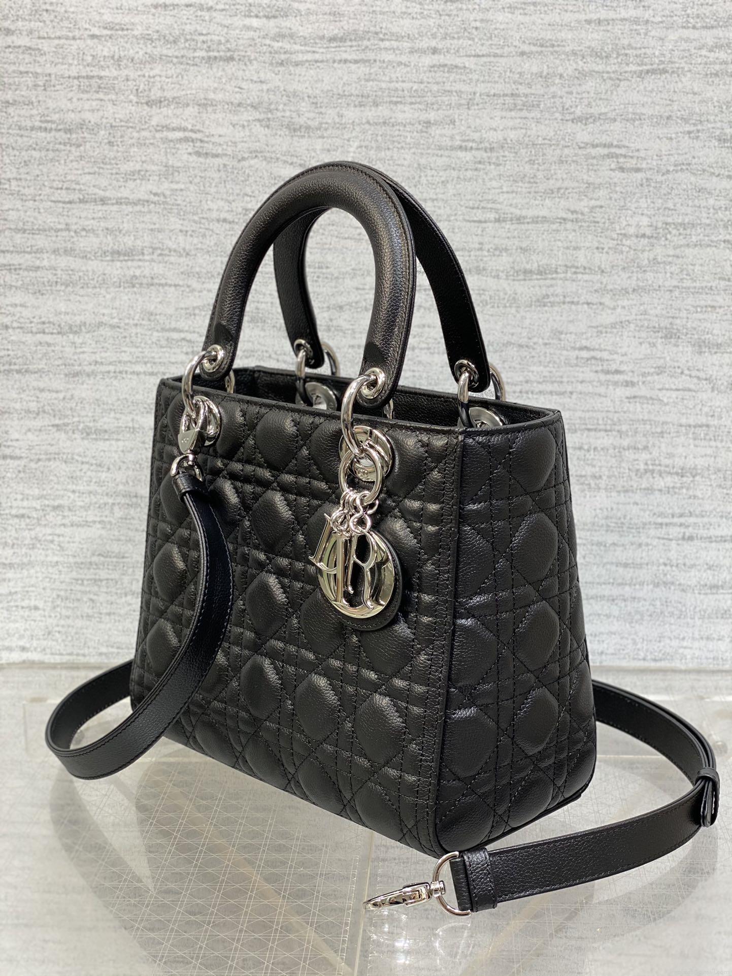 Dior M0565 Medium Lady Dior Bag Black Grained Cannage Calfskin Silver