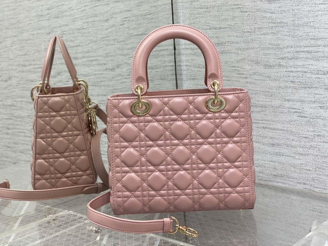 Dior M0565 Medium Lady Dior Bag Blush Cannage Lambskin Gold