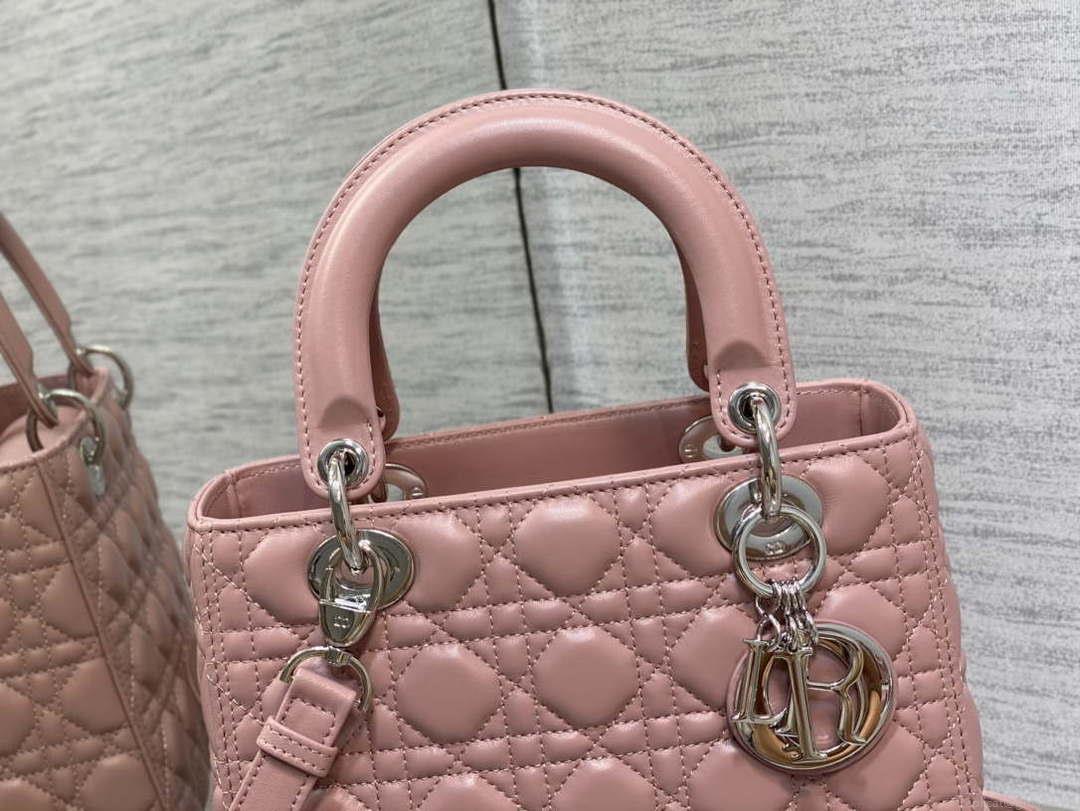 Dior M0565 Medium Lady Dior Bag Blush Cannage Lambskin Silver