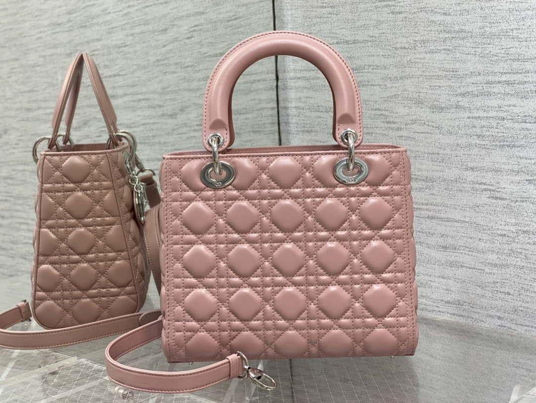 Dior M0565 Medium Lady Dior Bag Blush Cannage Lambskin Silver