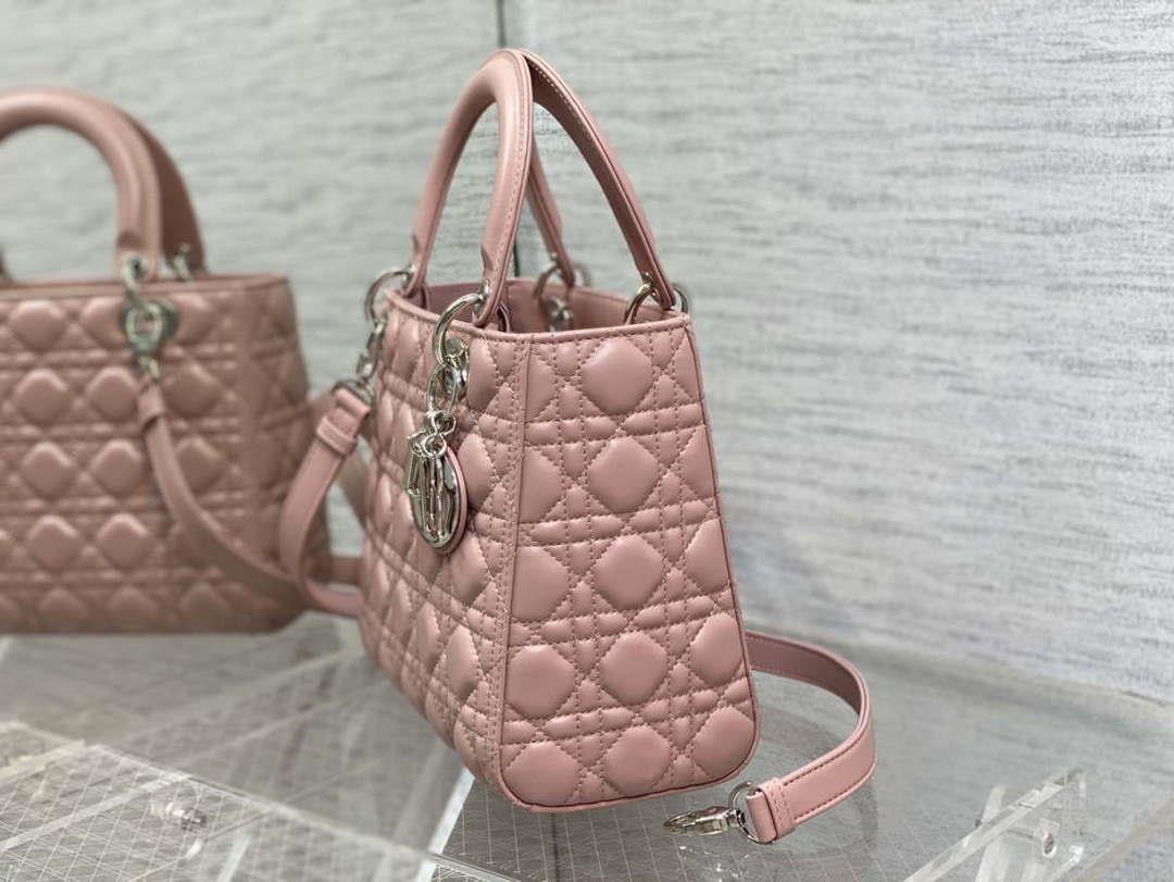 Dior M0565 Medium Lady Dior Bag Blush Cannage Lambskin Silver