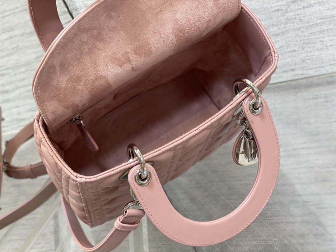 Dior M0565 Medium Lady Dior Bag Blush Cannage Lambskin Silver