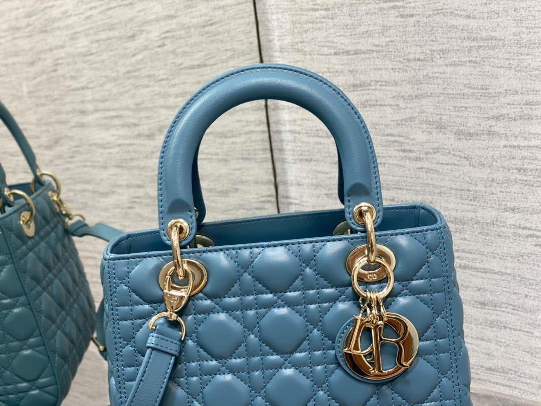 Dior M0565 Medium Lady Dior Bag Blue Cannage Lambskin Gold