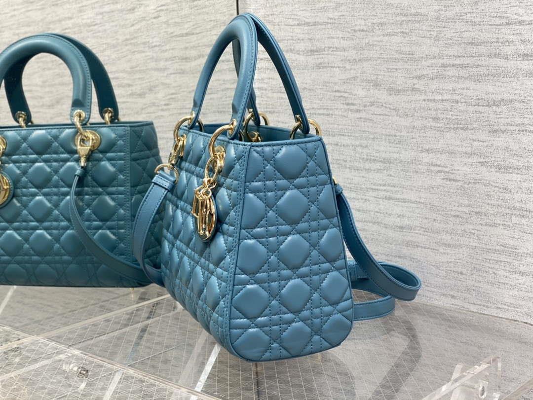 Dior M0565 Medium Lady Dior Bag Blue Cannage Lambskin Gold