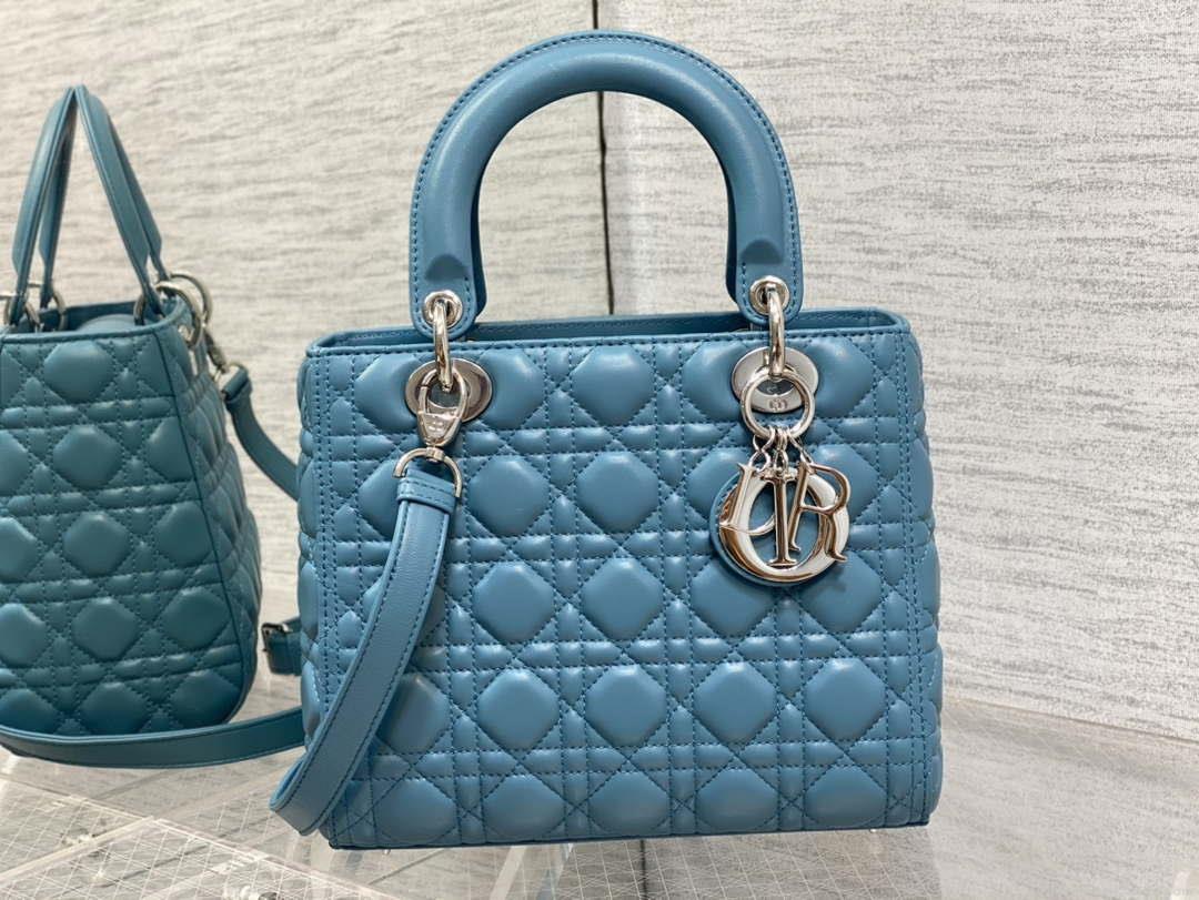 Dior M0565 Medium Lady Dior Bag Blue Cannage Lambskin Silver