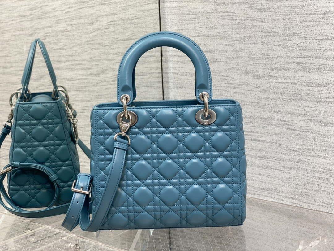 Dior M0565 Medium Lady Dior Bag Blue Cannage Lambskin Silver
