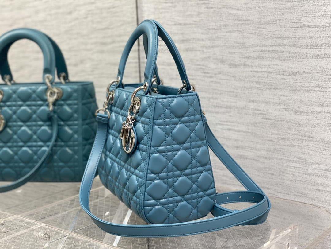 Dior M0565 Medium Lady Dior Bag Blue Cannage Lambskin Silver